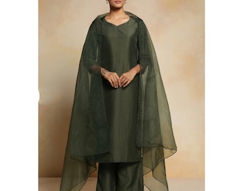 Handmade Green Silk Kurti Pant Set: Indian Salwar Kameez with Organza Dupatta