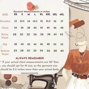 May include: A garment size chart in inches, with measurements for shoulder, chest, kurta waist, hip, and bottom waist. Sizes range from XS to 4XL. The chart includes a reminder about chest measurements and garment sizing.