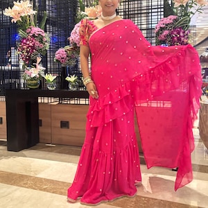 Pink Ready To Wear Saree With Stitched Blouse, Indo Western Outfits , Indian Wedding Clothes for women