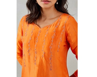 Orange Custom Made Pakistani salwar kameez for women with organza dupatta, Palazzo suit. Kurti with pant set.