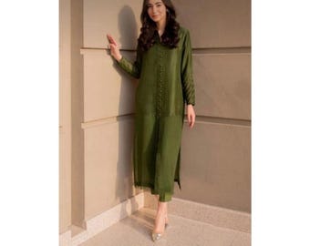Green Silk Kurta Set, Collared Neck Salwar Kameez, Readymade Narrow Pants