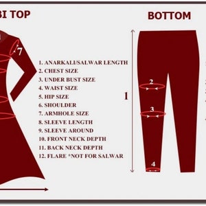 May include: A sizing chart for a Punjabi top and bottom set. The diagram displays a maroon silhouette of a long-sleeved tunic and pants with numbered arrows indicating measurements for length, chest, waist, hips, shoulders, sleeves, and neck depth.