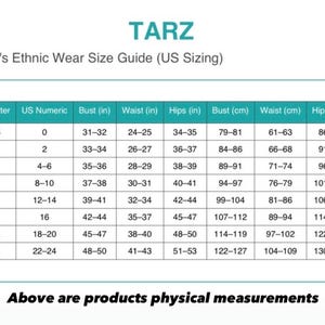 May include: A size guide for women's ethnic wear, labeled "TARZ," with US sizing. The chart includes US letter sizes, numeric sizes, bust, waist, and hip measurements in inches and centimeters. Text at the bottom reads "Above are products physical measurements."