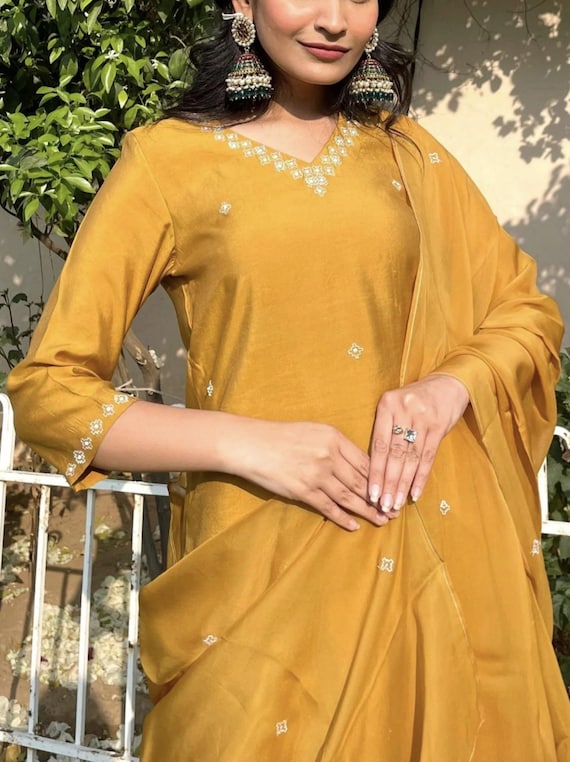 Yellow Pakistani Salwar Kameez: Hand Embroidered Silk Kurti, Haldi Outfit