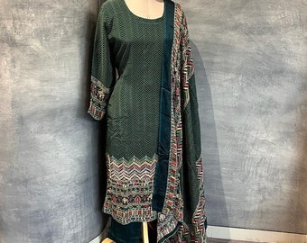 Kerstuitverkoop: prachtige groene Kurta-broekenset, damestrouwpakken, Indianwear voor de VS, ideaal etnisch cadeau voor vrouwen