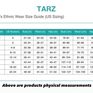 Size chart table with measurements and guides, including plus size anarkali suit options for white anarkali suit