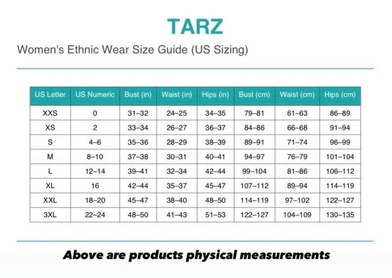 Size chart table with measurements and guides, including plus size anarkali suit options for white anarkali suit