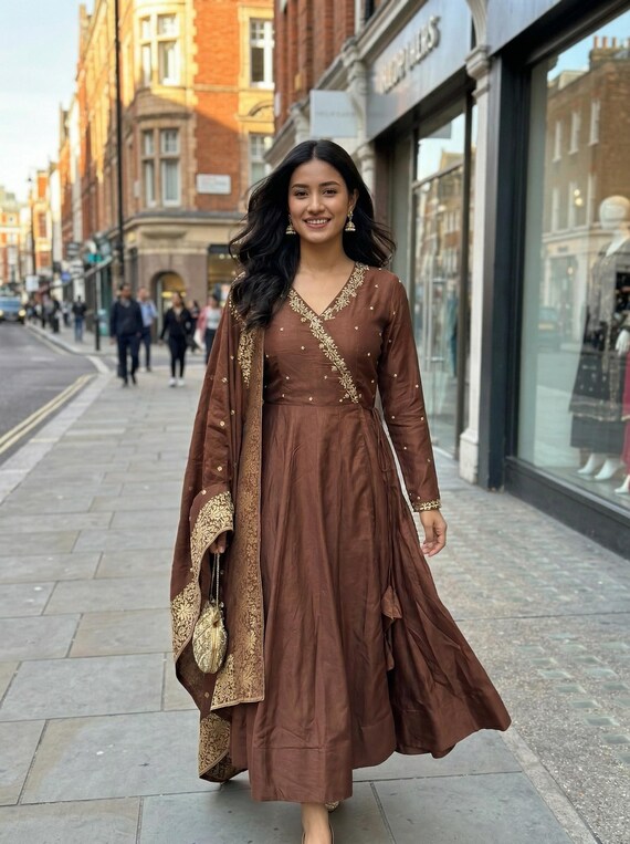 Brown Angrakha Anarkali Suit with Banarasi Dupatta | Indian Wedding Guest Outfit | Festive Ethnic Dress
