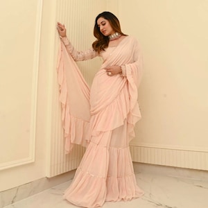 Indian Saree Ready To Wear With Stitched Blouse, Indo Western Outfits For Women , Partywear Prepleated Saree