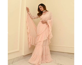 Blush Pink Saree Ready To Wear: Readymade Indo Western Dress