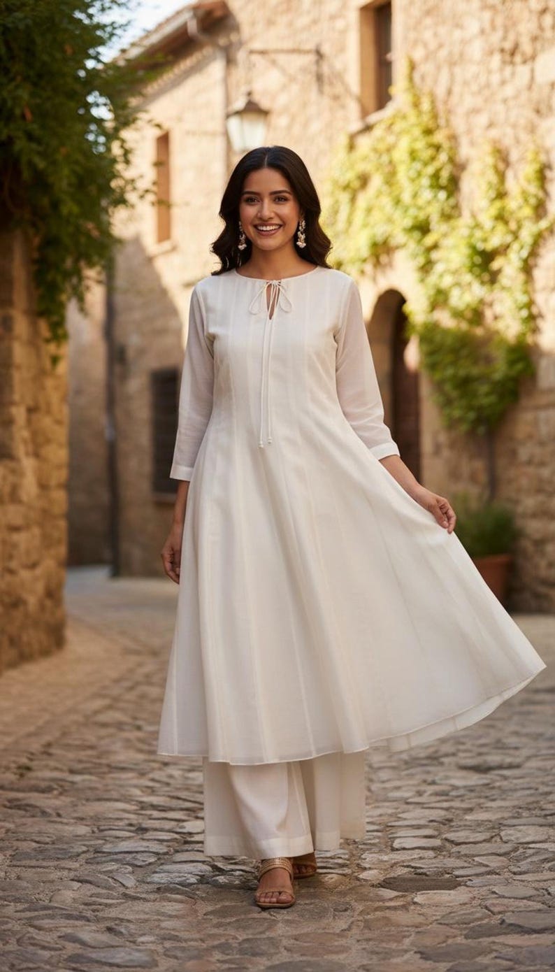 Front full-length shot, model in flowing muslin kurta with tie-neck and palazzo, white anarkali suit
