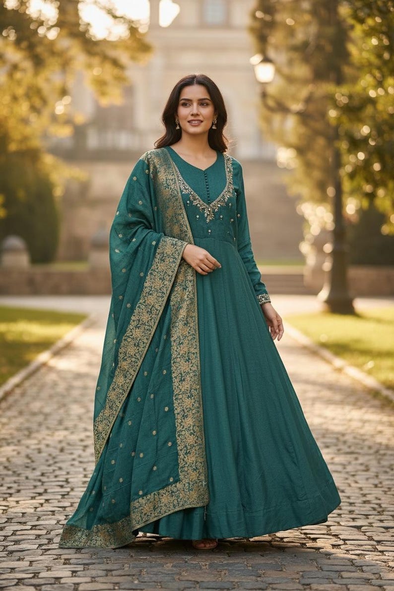 Pu&ograve; includere: Un abito formale color teal con maniche lunghe e gonna ampia. L'abito presenta uno scollo a V con ricami dorati intricati. Una scialle abbinato con bordi dorati a fantasia &egrave; drappeggiato sulle spalle. Adatto per occasioni speciali.