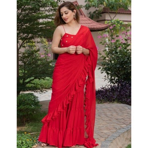 SHARNAMLI IN FUCHSIA RUFFLE SHARARA SAREE main image 1