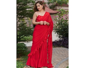 Traje sharara con volantes rojos bordado a mano: vestido de boda indio sharara