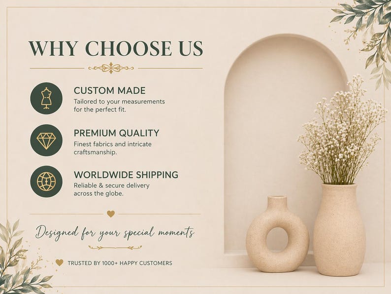 May include: A beige-toned advertisement with text that reads "WHY CHOOSE US." The text highlights custom-made products, premium quality, and worldwide shipping. Two beige vases and a floral arrangement are on the right side of the image.