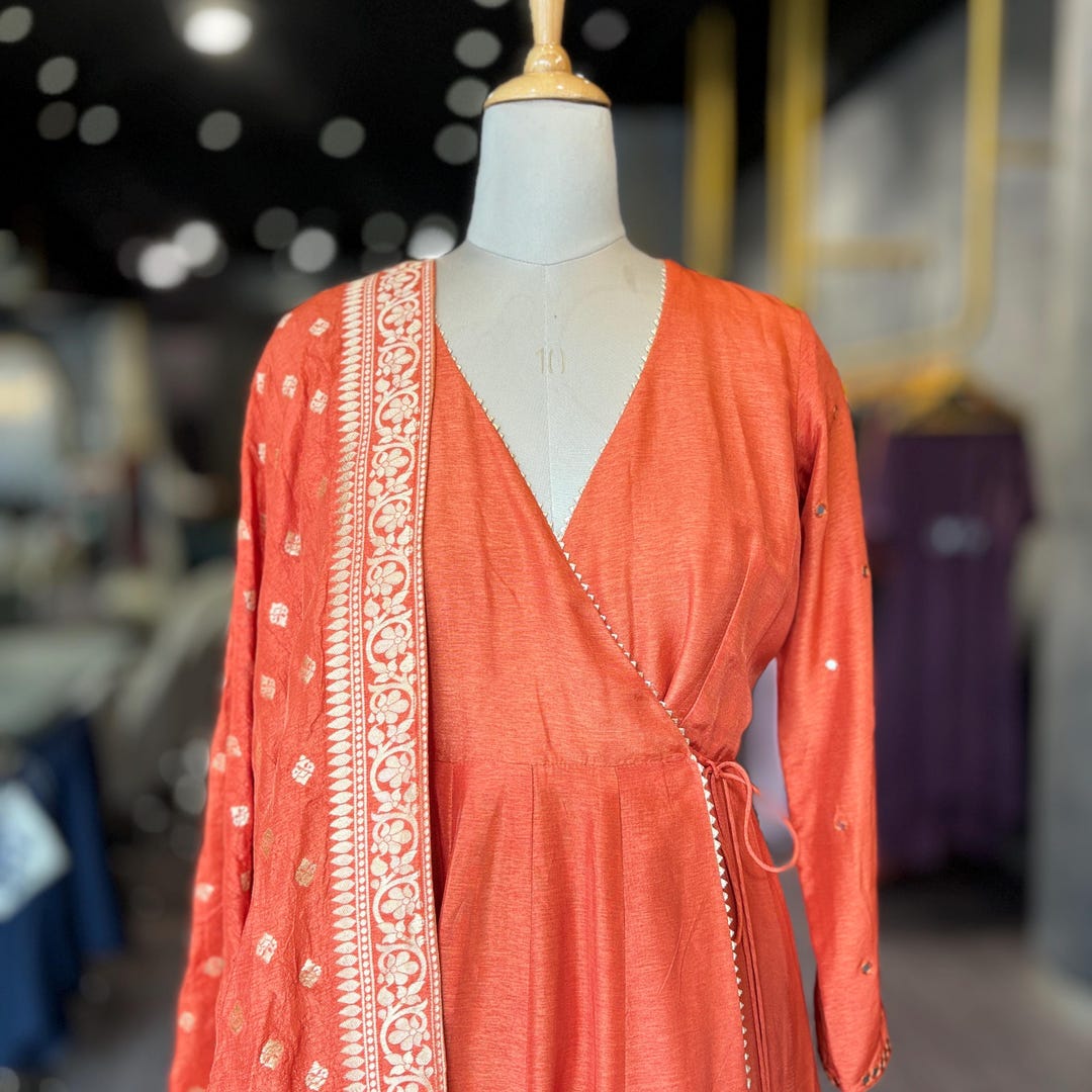 V-Neck Angarkha-Style Anarkali With Pant And Matching Dupatta