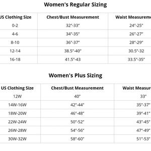 May include: A chart showing women's clothing sizes in US sizes, with measurements for bust, waist, and hips. The chart includes both regular and plus sizes.