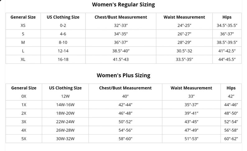 May include: A chart showing women's clothing sizes in US sizes, with measurements for bust, waist, and hips. The chart includes both regular and plus sizes.