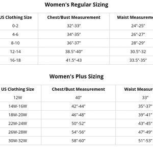 May include: A chart showing women's clothing sizes in US sizes, with measurements for bust, waist, and hips. The chart includes both regular and plus sizes.