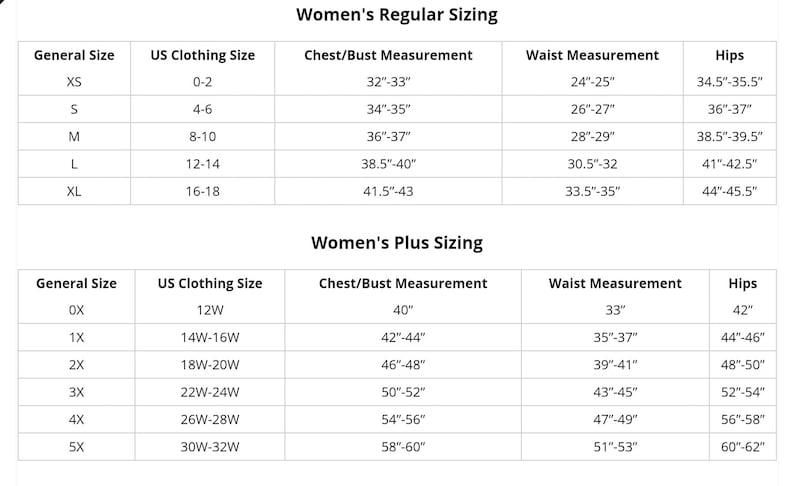 May include: A chart showing women's clothing sizes in US sizes, with measurements for bust, waist, and hips. The chart includes both regular and plus sizes.