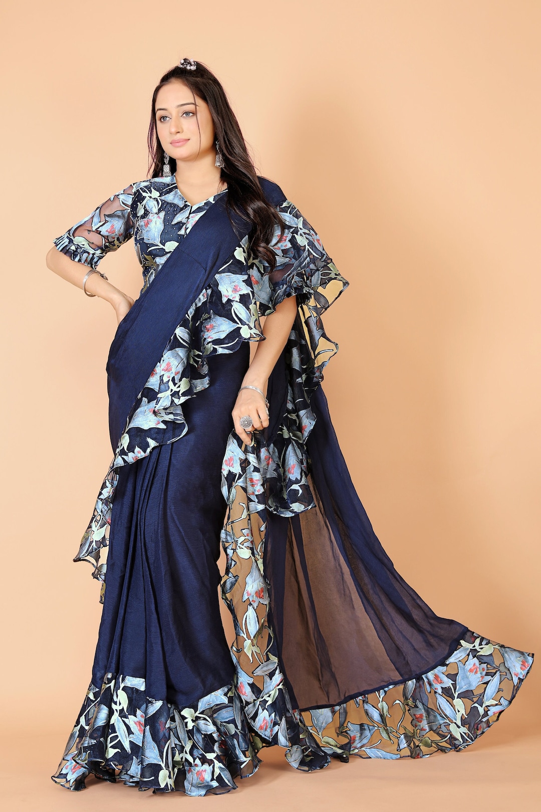 Blue Ruffle Saree Set main image 0