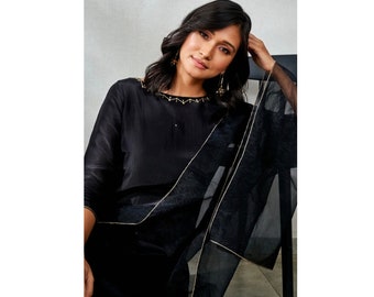 Handmade Black Salwar Kameez: Silk Palazzo Suit with Organza Dupatta