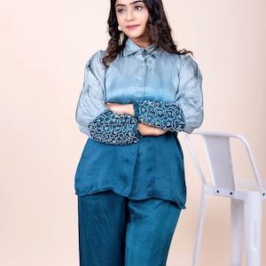 Blue Upada Silk Co-ord Set: Embroidered Indowestern Outfit