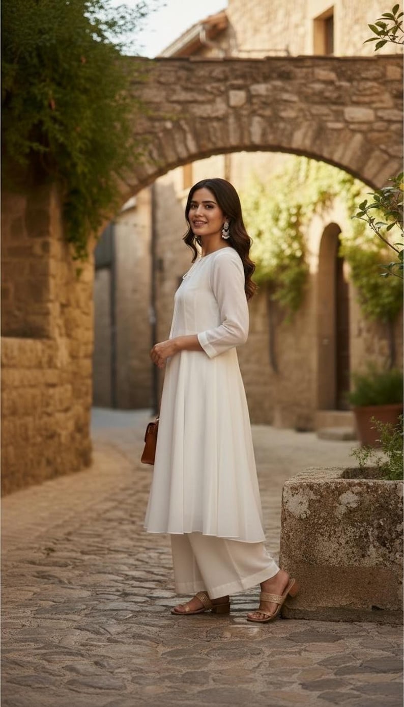 Three-quarter profile, showing flared floor-length silhouette and delicate tie-neck detail, white anarkali suit