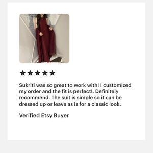 May include: A burgundy-colored formal dress with matching shawl. The dress has a halter neckline and a flowing silhouette. The image includes a customer review with a five-star rating and the text "Verified Etsy Buyer."