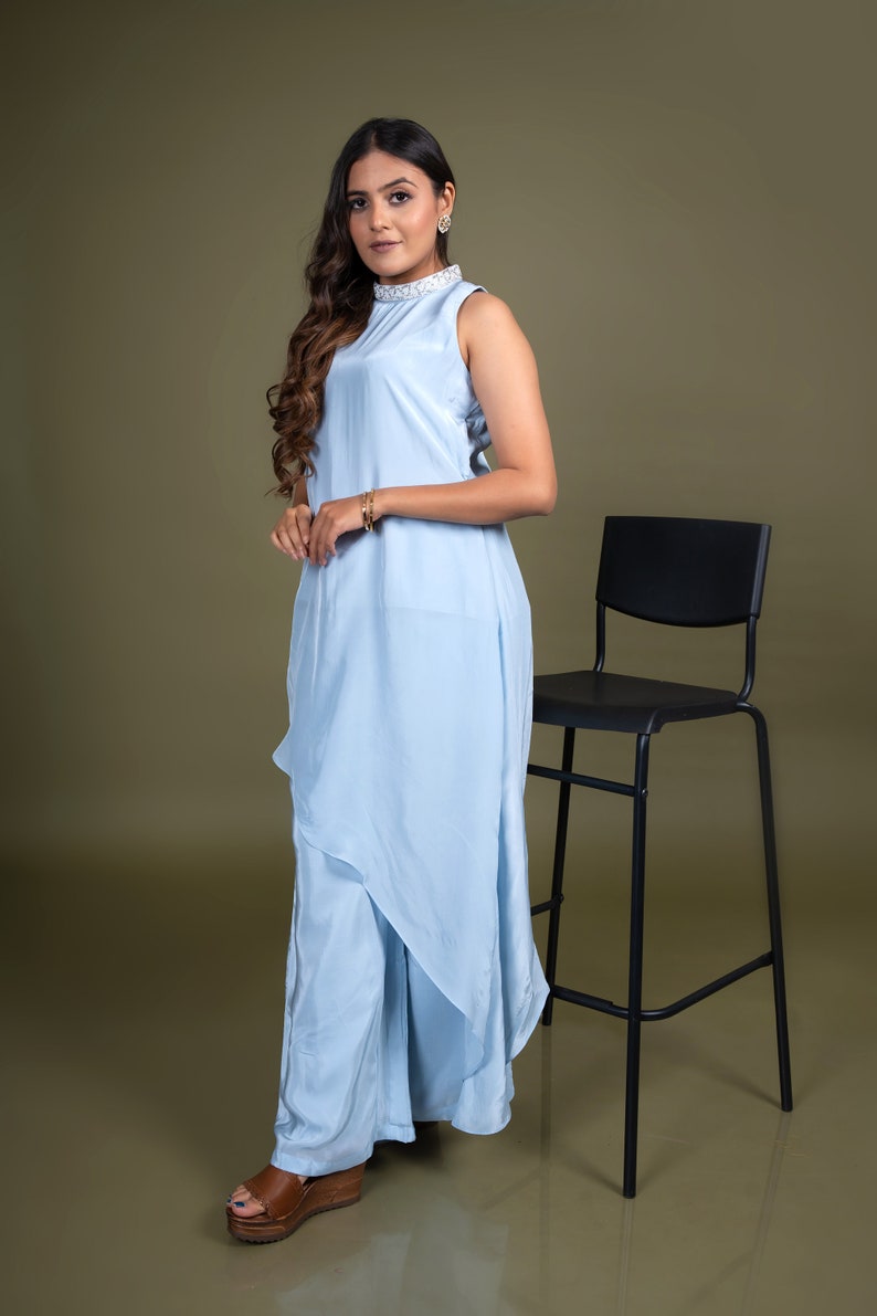 Hand Embroidered Sky Blue Kurta Palazzo Co-ord Set image 2