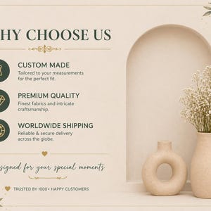 Why choose us panel listing handmade quality, premium muslin fabric, custom sizing and plus-size options for white anarkali suit