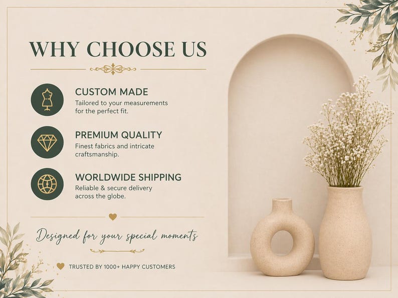 Why choose us panel listing handmade quality, premium muslin fabric, custom sizing and plus-size options for white anarkali suit