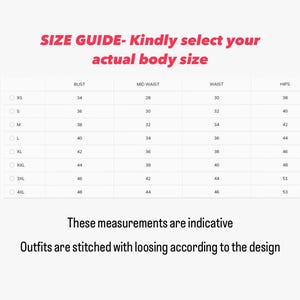 May include: Size guide chart for clothing with measurements in inches for bust, mid waist, waist, and hips. Sizes include XS, S, M, L, XL, XXL, 3XL, and 4XL.