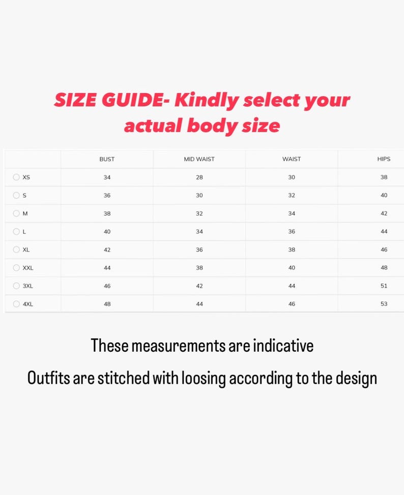 May include: Size guide chart for clothing with measurements in inches for bust, mid waist, waist, and hips. Sizes include XS, S, M, L, XL, XXL, 3XL, and 4XL.