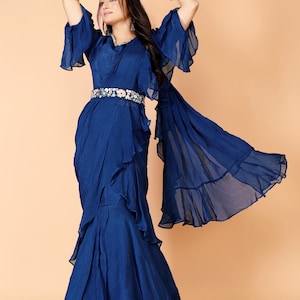 Blue Organza 1 Minute Saree With Hand Embroidered Belt,Party Wear Readymade Saree,Pre pleated Saree,Lengha saree with stitched blouse