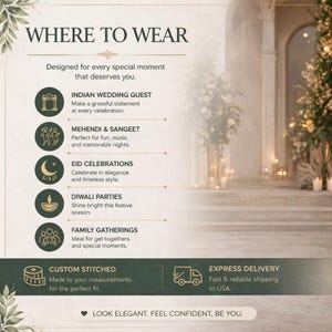 May include: An advertisement with the text "WHERE TO WEAR" and event suggestions: Indian Wedding Guest, Mehendi & Sangeet, Eid Celebrations, Diwali Parties, and Family Gatherings. The ad also mentions custom stitching and express delivery.