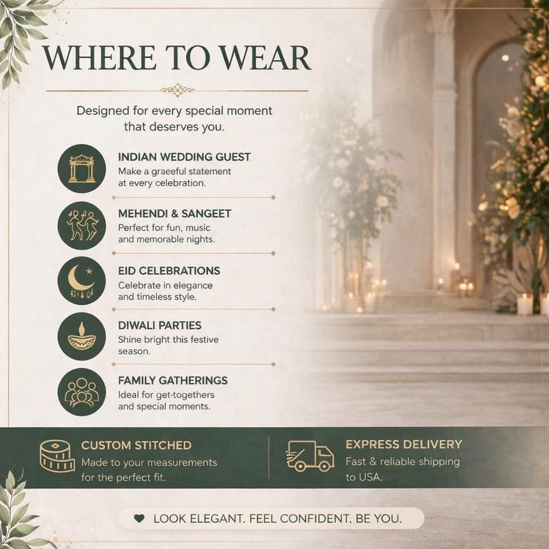 May include: An advertisement with the text "WHERE TO WEAR" and event suggestions: Indian Wedding Guest, Mehendi & Sangeet, Eid Celebrations, Diwali Parties, and Family Gatherings. The ad also mentions custom stitching and express delivery.