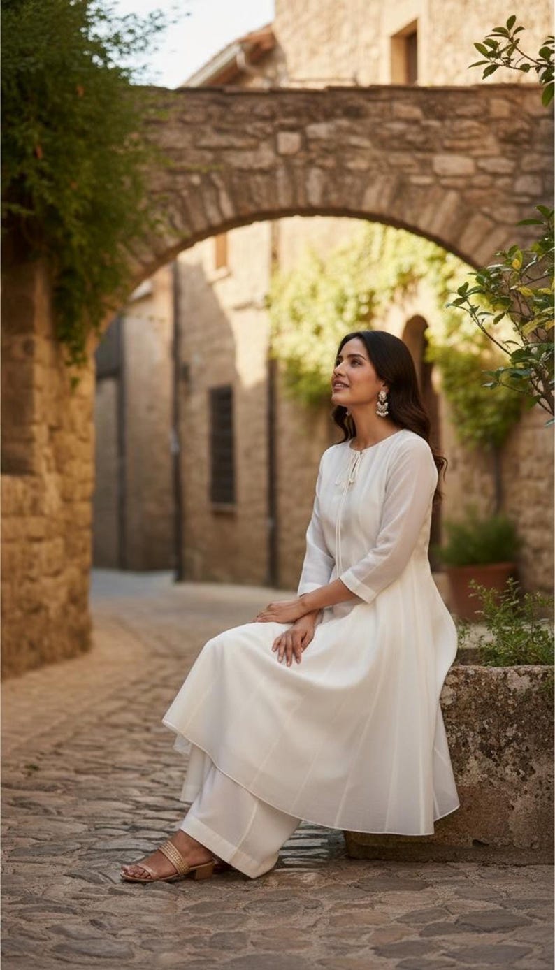 Seated side view showing drape of lightweight muslin, three-quarter sleeves and palazzo, white anarkali suit