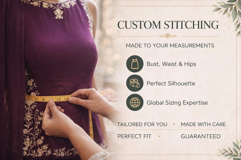 May include: A plum-colored garment is measured with a yellow tape measure. The text on the right side of the image reads "CUSTOM STITCHING" and "MADE TO YOUR MEASUREMENTS". The garment has floral embroidery.