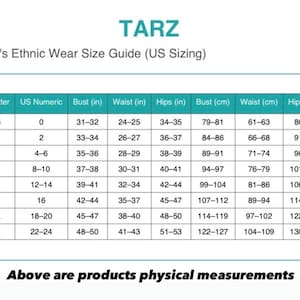 May include: A size guide for women's ethnic wear, with US sizing. The chart includes US letter sizes, numeric sizes, bust, waist, and hip measurements in inches and centimeters. The text at the bottom reads, "Above are products physical measurements."