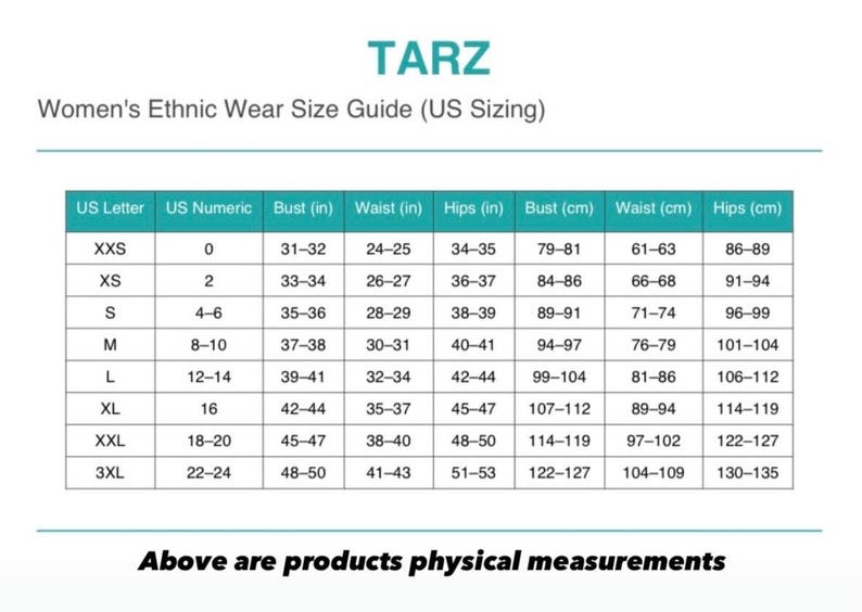 May include: A size guide for women's ethnic wear, with US sizing. The chart includes US letter sizes, numeric sizes, bust, waist, and hip measurements in inches and centimeters. The text at the bottom reads, "Above are products physical measurements."