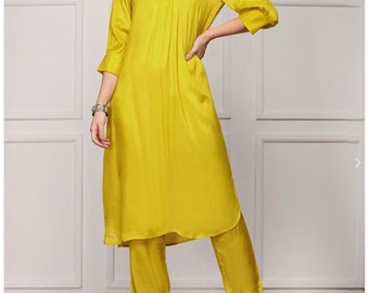 Handmade Yellow Muslin Kurti Pant Set: Haldi Bridesmaid Outfit