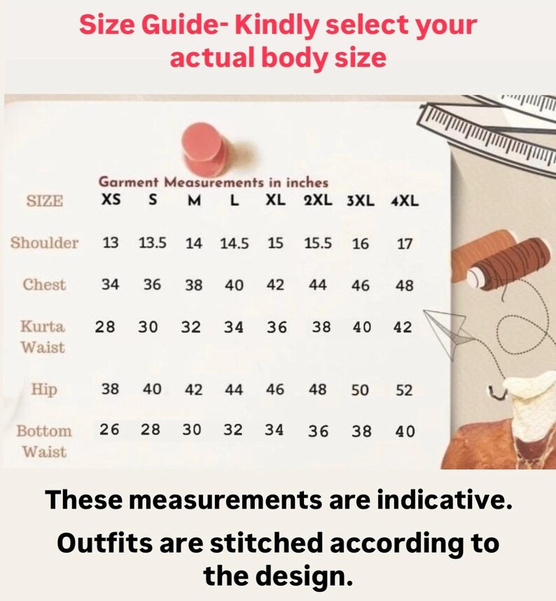 May include: A size guide with garment measurements in inches for shoulder, chest, kurta waist, hip, and bottom waist. The guide includes sizes XS to 4XL. Text reads: "Kindly select your actual body size."