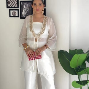 White Indo western outfit for women with Shrug - Partywear Palazzo Sets With Hand Embroidery