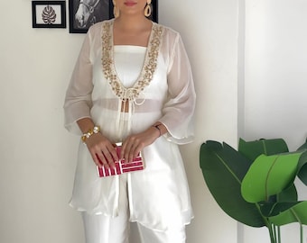 White Indo western outfit for women with Shrug - Partywear Palazzo Sets With Hand Embroidery