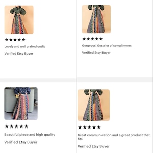 May include: An outfit featuring a dark green top with long sleeves and a patterned skirt. The skirt has vertical stripes in various colors, including blue, red, and orange. The outfit is displayed on a light beige background.
