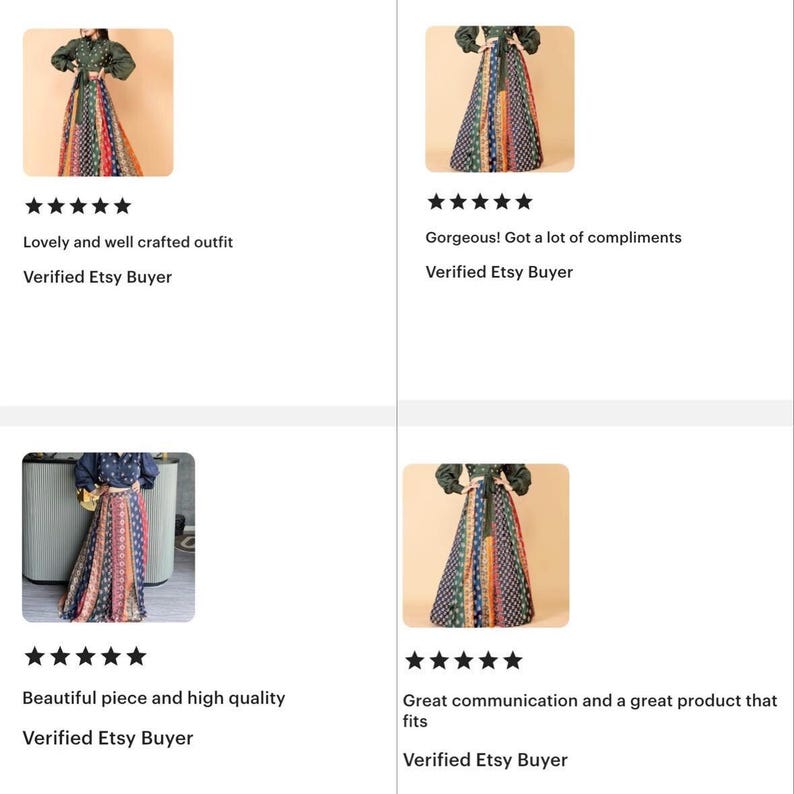 May include: An outfit featuring a dark green top with long sleeves and a patterned skirt. The skirt has vertical stripes in various colors, including blue, red, and orange. The outfit is displayed on a light beige background.