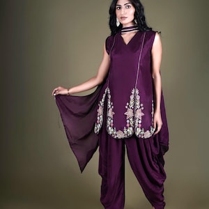 Hand Embroidered Dhoti Kurta Set with dupatta- Indo Western Outfits for Women