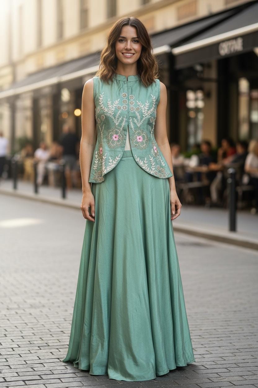 green emerald velvet dress Embellished 3-Piece Indo Western Set main image 1