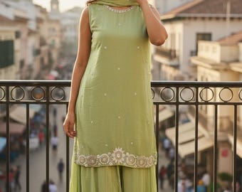 Green Silk Kurta Palazzo Set: Salwar Kameez with Dupatta